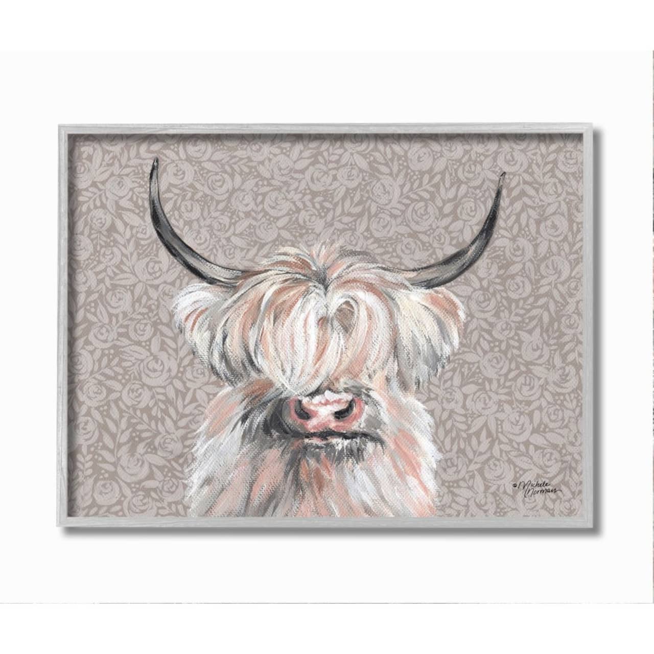 Stupell Industries Grumpy White Buffalo on Floral Print Farm Animal Framed Wall Art